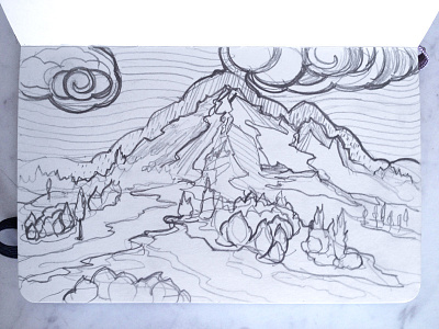 Curling Clouds clouds drawing forest hand drawn lines moleskine mountains pencil rain river sketch trees