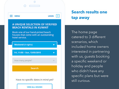 2015 - Search results one tap away booking form home page iphone landing mobile rent responsive search travel ui ux