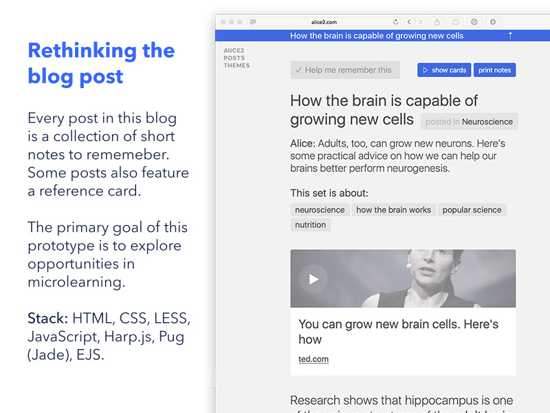 2017 - Design in code, blog post science post notes prototype references microlearning template blog javascript css html code