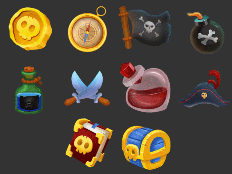 Pirate's Icons after affects animation bomb book bottle coin compass design dribbble flag flat game gold hat icon illustration motion art pirate swords treasure