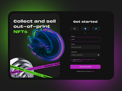 NFT Marketplace Sign Up page app branding crypto dailyui dailyui001 design figma illustration marketplace nft signup ui ux
