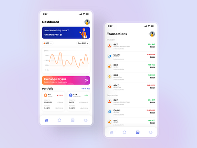 Mobile app - Crypto Wallet blue credit cryptocurrency dashboard debit gradient graph mobile app tabbar transactions ui wallet