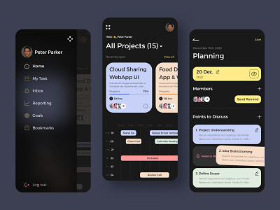 Project management and Meeting Schedule agenda app background calls colors dark design meetings pastel project management reminder schedule timeline topics ui ux