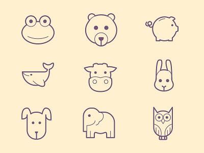Cute Creatures bear cow dog elephant icon icons line owl pig rabbit whale