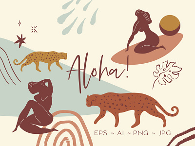 Aloha Vibes Summer Cartoon Set boho design girl illustration modern neutral nude pastel terracotta vector