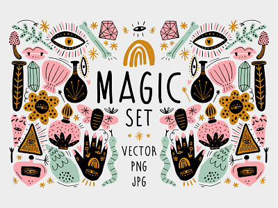 Vector Magic Witchcraft Elements Set boho fairytale girl illustration magic modern pastel vector witch witchcraft witches witchy