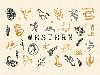 Western Bundle antique boho cacti cowboy desert folk illustration label logo vector vintage western