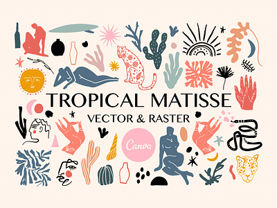 Tropical Matisse Bundle abstract animals art boho bundle clip art design icons illustration leopard logo logos matisse modern neutral pastel people summer terracotta vector