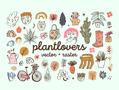 Plantlovers Bundle abstract boho bundle cartoon design doodle illustration logo modern pastel plants stickers vector
