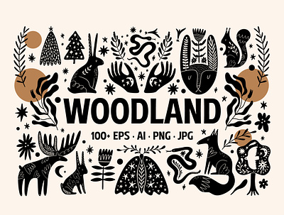 Woodland Bundle animals black and white woodland