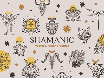 Shamanic Bundle abstract bear boho bundle dark ethnic free spirit goddess illustration logos luna moth magic elements mystic sacred animals shaman spell tribal vector wolf woman