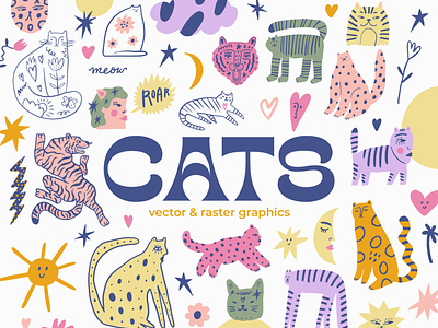 Cats Bundle bizarre boho bundle cats clipart doodle funky funny character groovy handdrawn illustration kawaii quirky tigers trend trendy colors vector