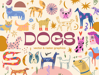 Dogs Bundle abstract boho bundle clipart cute dogs download handdrawn illustration modern pets puppy set vector