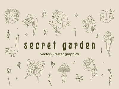 Secret Garden Bundle abstract boho bundle design elf fairytale folk green green witch groovy hippie illustration logo magical modern mystical secret garden spell vector