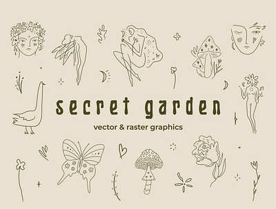 Secret Garden Bundle abstract boho bundle design elf fairytale folk green green witch groovy hippie illustration logo magical modern mystical secret garden spell vector