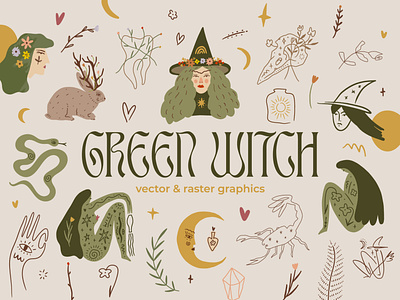 Green Witch Bundle boho bundle girl witch green palette green witch illustration magic magical mystical sacred sage green scorpio set snake spell vector vector elements witchcraft elements witchy woman