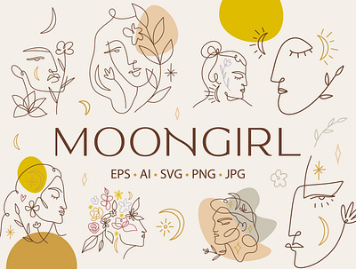 Moongirl Bundle abstract boho bundle floral girl icons illustration line art linear logos meditation modern moonchild sacred woman vector woman