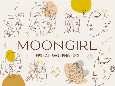 Moongirl Bundle abstract boho bundle floral girl icons illustration line art linear logos meditation modern moonchild sacred woman vector woman