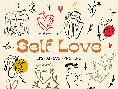 Self Love Bundle abstract boho bundle design illustration line art minimalist art modern picasso self care self care art self love self love art vector wellness