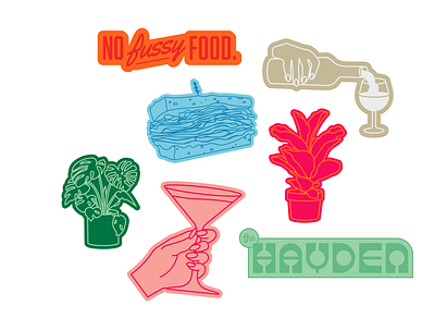 Hayden Restaurant Sticker Icons branding cocktails deli drink fiddleleaf food hands pastrami plants restaurant sandwich sticker texas vintage wine