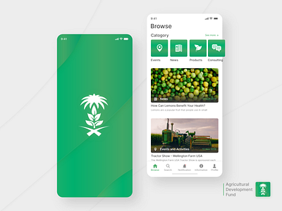 Agricultural App - UI/UX Design agriculture agriculture business consulting agriculture logo android app browse category clean consulting events green homepage icon ios lemon minimal minimalism news products splashscreen typography