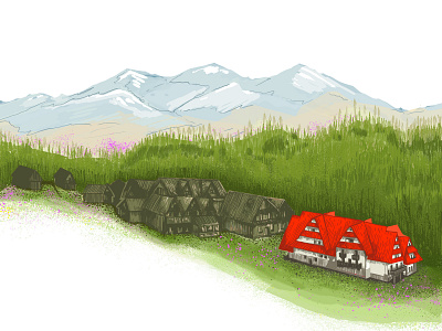 A house in the mountains. forest house illustration mountains spring town