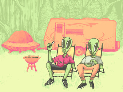 Aliens on Holiday alien camp camping caravan e.t. forest holidays illustration spaceship ufo vacation