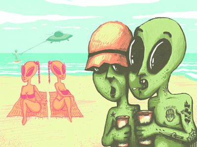 Aliens on Holiday alien beach drawing illustration kitesurf tattoo water