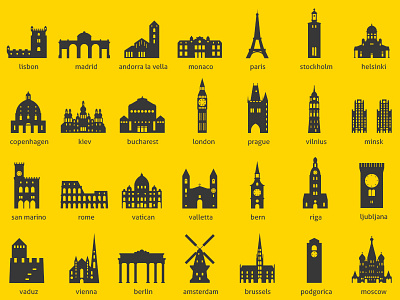 European Capitals flat icon illustrations landmark set simple symbol