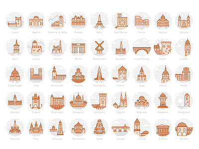 European Capitals - Filled Outline Icons architecture europe icons lan landicons landmarks travel