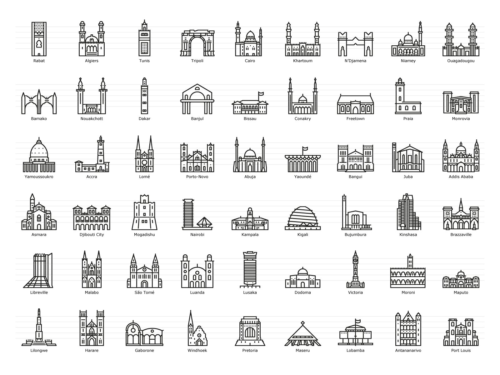 African Capital Cities africa architecture glyph icons landicons landmarks outline