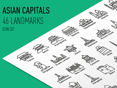 Asian Capitals - Icon Set icons landmarks line outline tourism travel