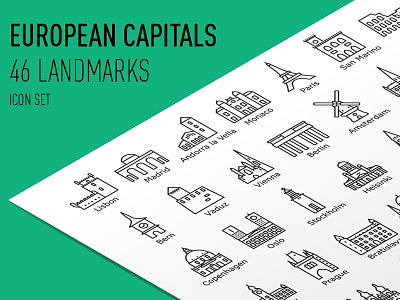 European Capitals Icon Set architecture buildings europe icons landmarks outline travel