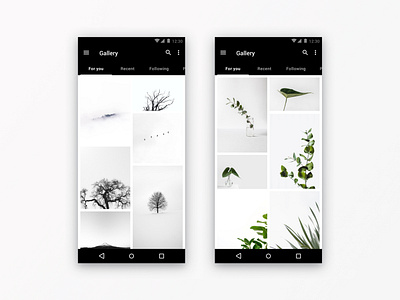 Android Photo Gallery android black grid layout interface design material design minimal modern nature samsung galaxy s10 ui uidesign user interface design white whitespace