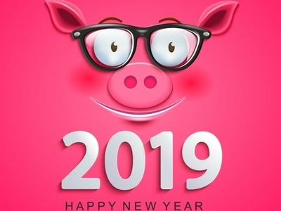 Happy New Year 2019! 2019 animal card cartoon china christmas clever emoji face glasses goroscope greeting happy holiday new year pig smile symbol xmas zodiac