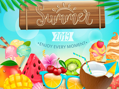 Summer enjoyment. banner cherry cocktails design fruits hot ice cream illustration invitation kiwi logo sea season summer template tropical vector watermelon welcome