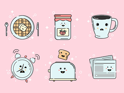 Cute Morning Icons alarm clock coffe cute icon icon design iconography icons jam morning pancakes paper pink playful toast waffles