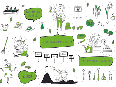 Gardening basics black white comic art design flat green illustration sketch vector