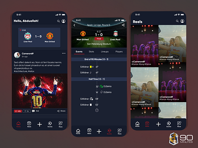 Football Dark Theme Mobile App: night mode, Football Social App adobexd appdesign design figma football footballapp interaction design mobileapp sportsapp ui uidesign user interface design ux ux research