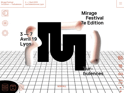 Mirage Festival - 7ème édition 3d animation creative coding curtains.js curtainsjs glsl interactive javascript navigation shaders three.js webgl