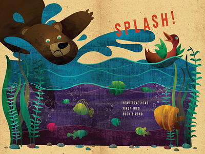 SPLASH! bear childrens book design drawing duck fish illustration ink kidlitart picture book stumble trip fall
