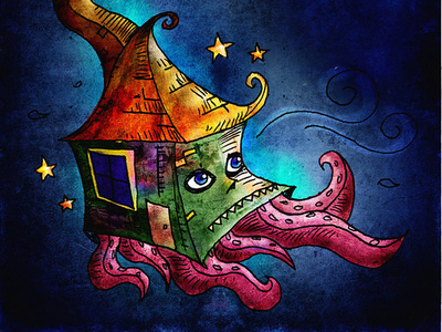 Squidy House Travel with Stars character comic concept design freehand illustration painting