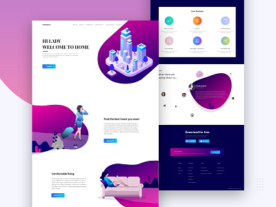 Real Estate Website animation banner blue colours dark theme design dribbble features footer home illustration real estate testimonial ui vector website design women