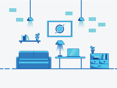 Blue Room adobe illustrator blue flatdesign furniture illustration illustrator laptop lights minimal art plants roomdesign