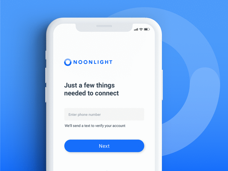 Noonlight Sign In / Sign Up account authentication blue brand connect integration login noonlight oauth payment permission pin sign in sign up simple stripe ui ux verify white
