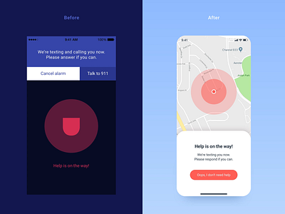 Process makes perfect alarm beacon before and after button cancel card clean emergency gps ios location location tracker map minimal panic ping process product design red redesign