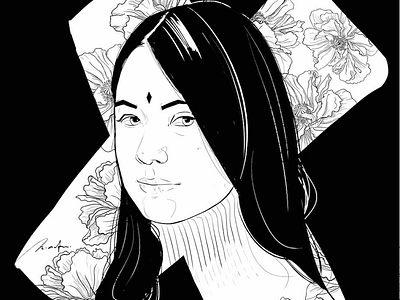 "In Bloom" black blackandwhite comic drawing fashion flower girl illustration ink manga portrait white