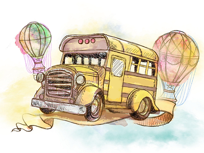 School Bus free hand graphic design illustration watercolor