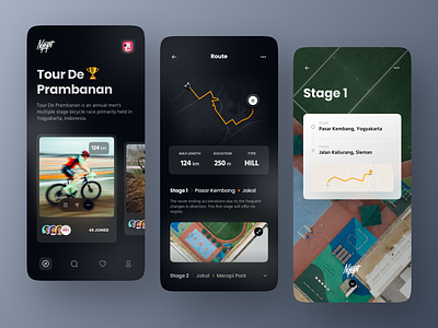 Ngepit - Cycling App Concept app bicycle app bike cycling dark mode dark theme dark ui design event mapping maps mobile ride app ui ux workout workout app