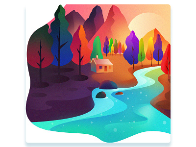 Mountain and river under the sunset design illustration